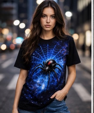 🕷️ Cosmic Black Widow Spider T-Shirt – Galaxy Web Graphic Tee