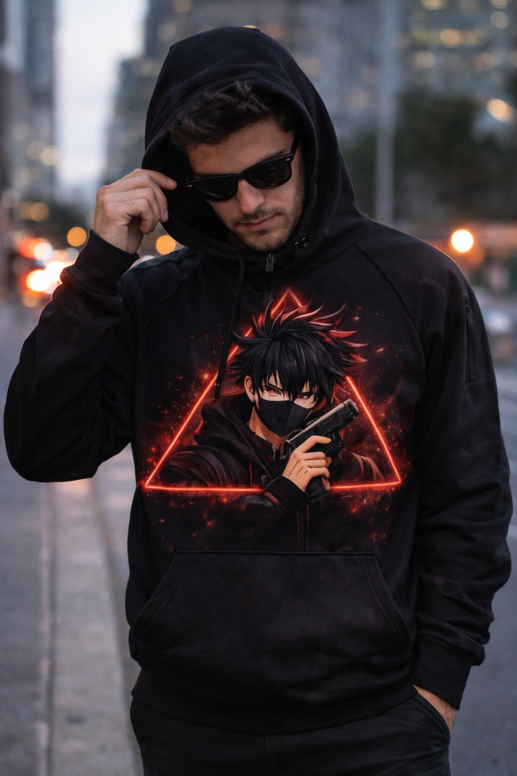 Anime Shadow Assassin Hoodie & T-Shirt – Dark Streetwear Graphic, Red Neon Masked Anime Design