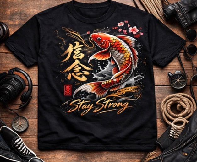 Japanese Koi Fish “Stay Strong” T-Shirt – Samurai Style Graphic Tee, Streetwear Anime Shirt, Motivational Tee