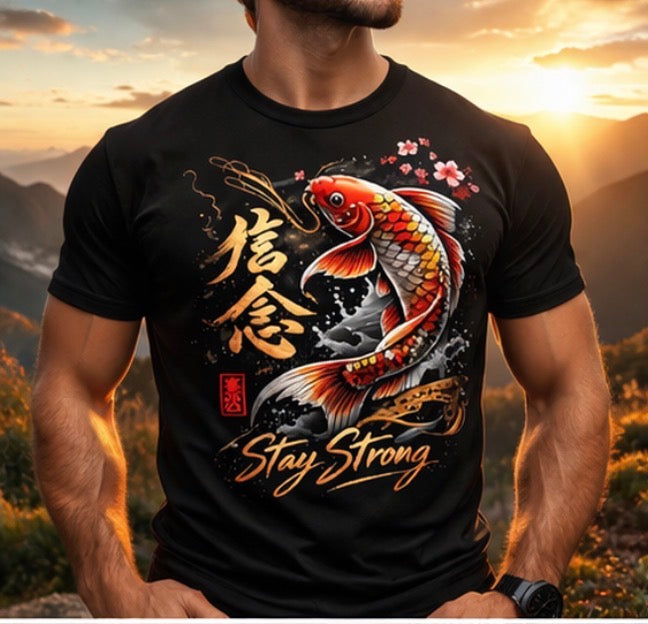 Japanese Koi Fish “Stay Strong” T-Shirt – Samurai Style Graphic Tee, Streetwear Anime Shirt, Motivational Tee