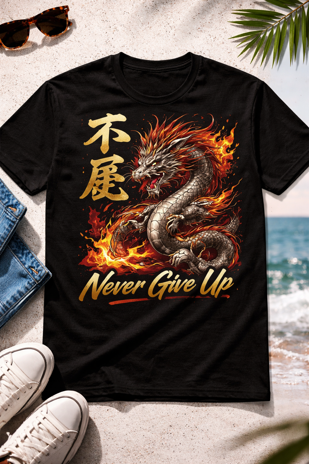 Never Give Up Dragon T-Shirt – Japanese Fire Dragon Graphic Tee Streetwear (Unisex)