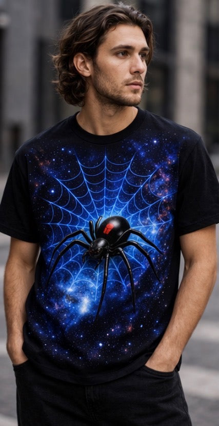 🕷️ Cosmic Black Widow Spider T-Shirt – Galaxy Web Graphic Tee