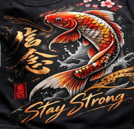 Japanese Koi Fish “Stay Strong” T-Shirt – Samurai Style Graphic Tee, Streetwear Anime Shirt, Motivational Tee