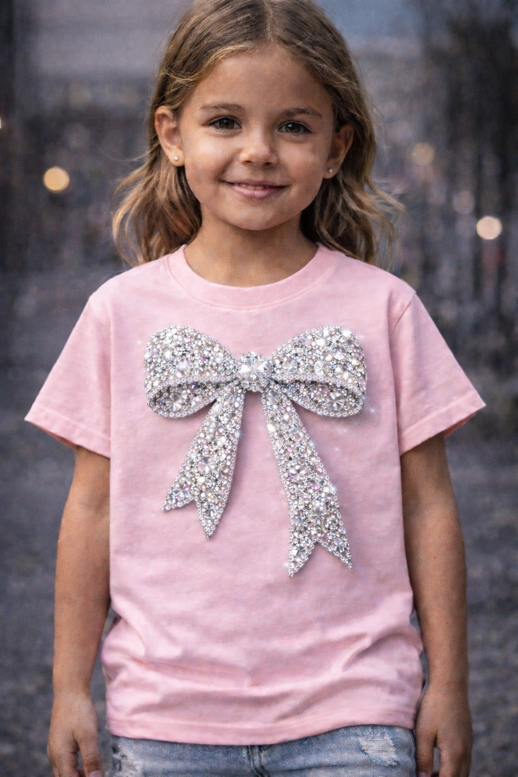 Girls Pink Bow Diamond T-Shirt | “I’m The Present” Cute Rhinestone Bow Tee | Sparkly Girls Shirt