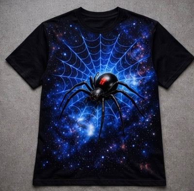 🕷️ Cosmic Black Widow Spider T-Shirt – Galaxy Web Graphic Tee