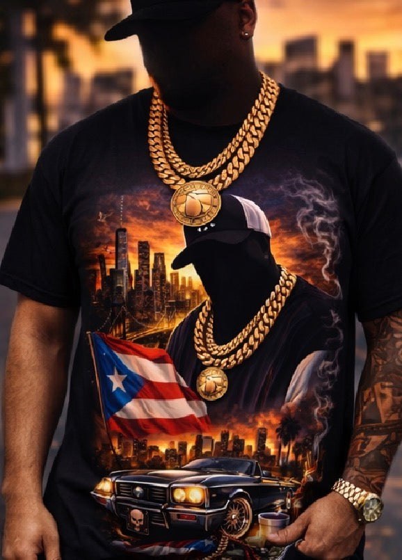 Puerto Rican Pride Graphic T-Shirt – Urban Streetwear Tee, NYC Skyline, Classic Car, Hip Hop Style Shirt