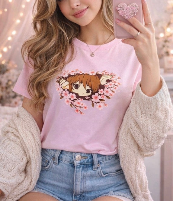 🌸 Blossom Peek Anime Tee – Soft Pink Kawaii Shirt 🌸