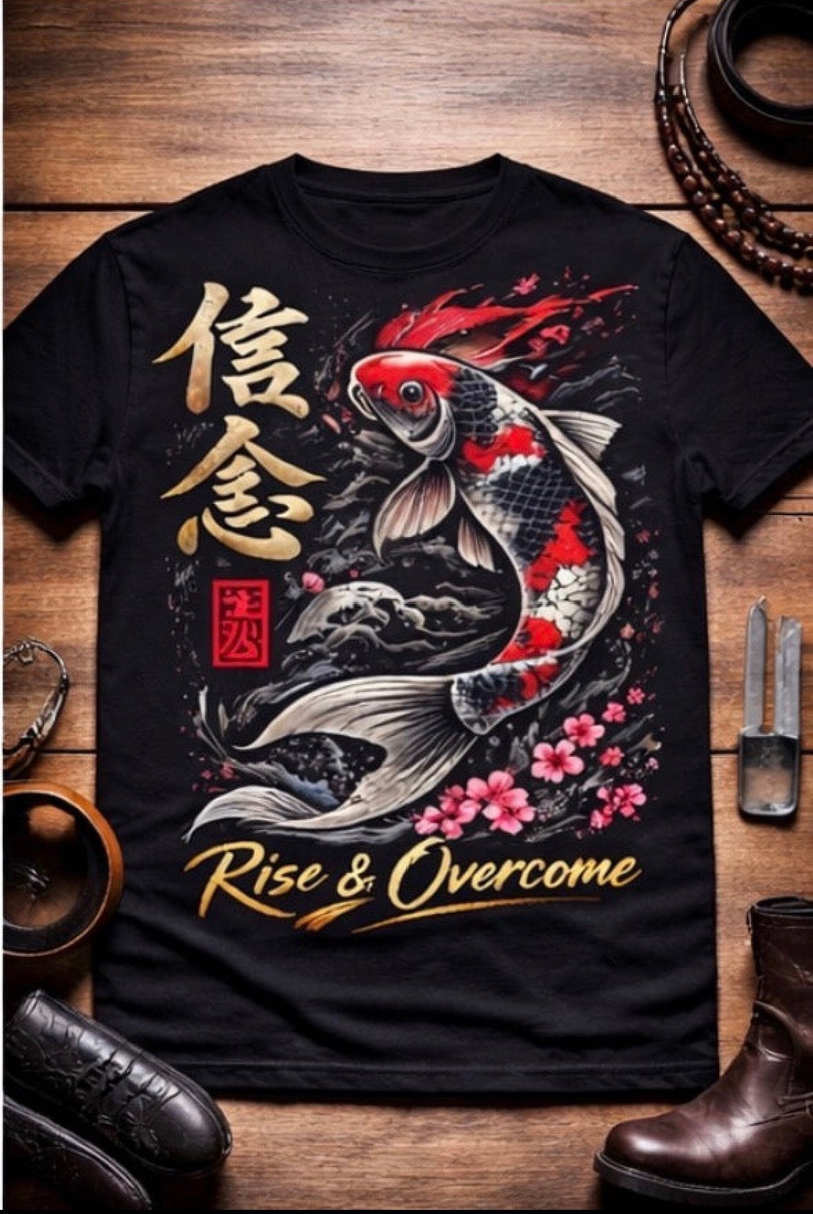 Japanese Koi Fish T-Shirt “Rise & Overcome” – Samurai Style Graphic Tee, Streetwear Anime Shirt, Motivational Tee