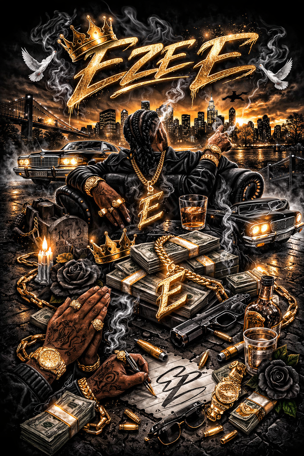 EZE Streetwear Graphic T-Shirt – Luxury Hustle Gold Design, Urban Hip Hop Tee, Money & Power Theme Shirt