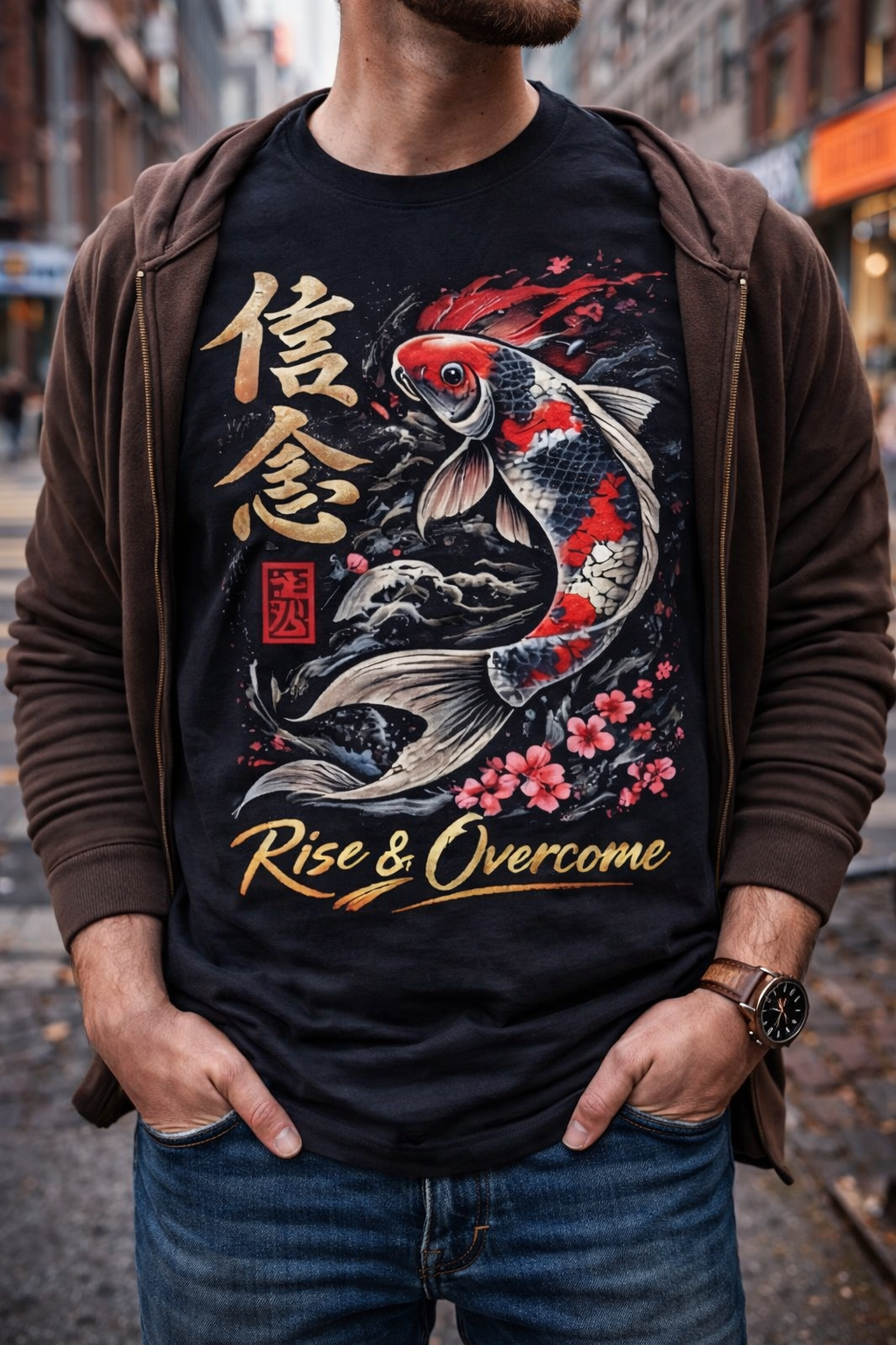 Japanese Koi Fish T-Shirt “Rise & Overcome” – Samurai Style Graphic Tee, Streetwear Anime Shirt, Motivational Tee