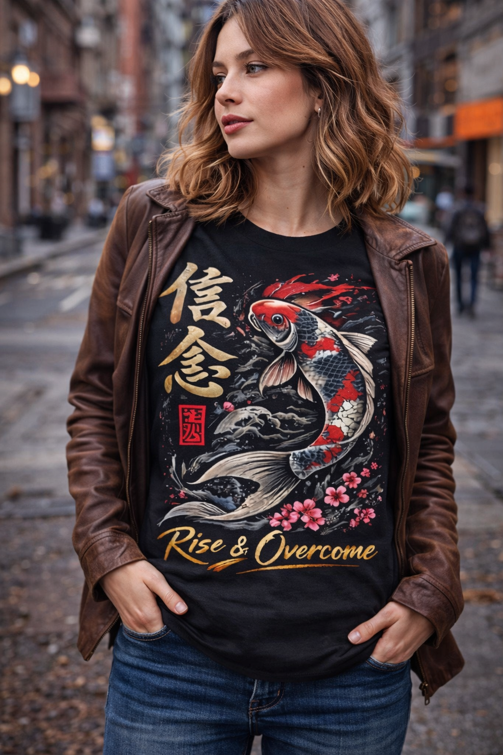 Japanese Koi Fish T-Shirt “Rise & Overcome” – Samurai Style Graphic Tee, Streetwear Anime Shirt, Motivational Tee