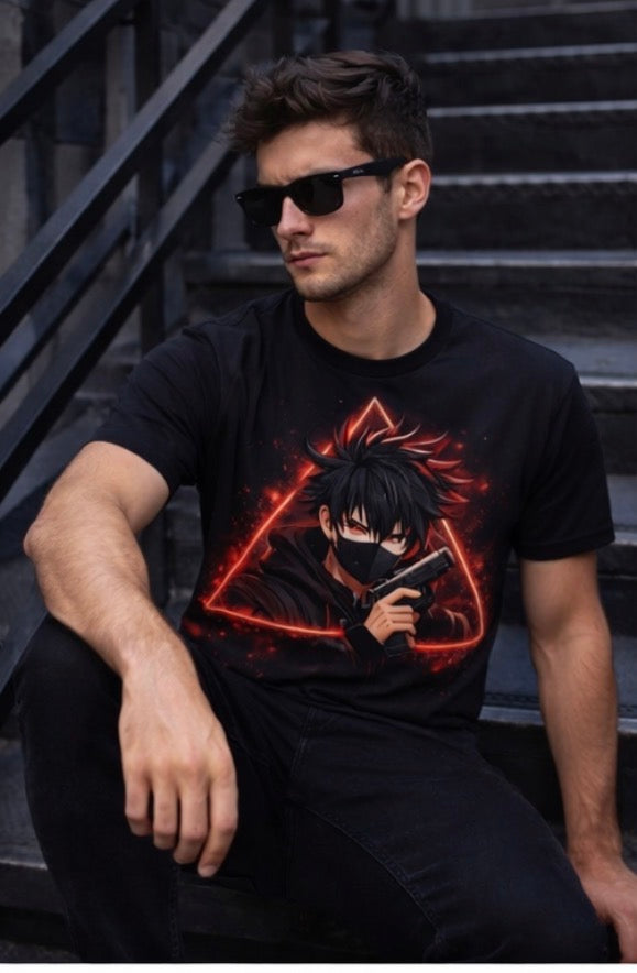 Anime Shadow Assassin Hoodie & T-Shirt – Dark Streetwear Graphic, Red Neon Masked Anime Design