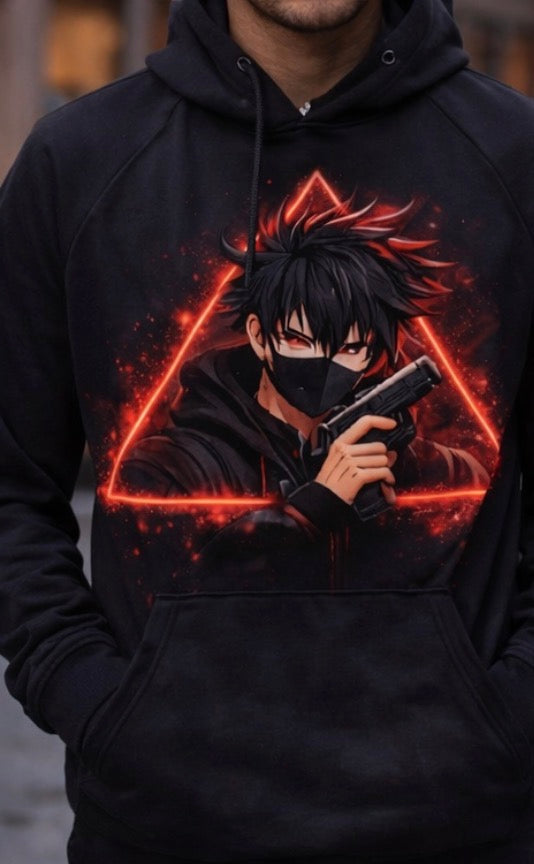 Anime Shadow Assassin Hoodie & T-Shirt – Dark Streetwear Graphic, Red Neon Masked Anime Design