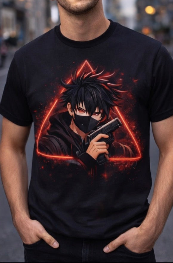 Anime Shadow Assassin Hoodie & T-Shirt – Dark Streetwear Graphic, Red Neon Masked Anime Design